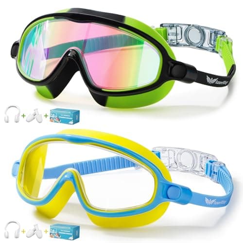 AzureWings 2 Pack Swim Goggles for Kids, No Leak Anti-Fog Anti-UV Swimming Goggles for Boys Girls Children 4-14 (Camouflage-Yellow Blue) - Image 1