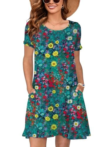 Heymoments Summer Dresses for Women Casual 2026 Floral Print Large Short Sleeve V Neck Cute T Shirt Loose Sundress Comfy Swing Work Flowy Ladies Beach Vacation Teen Teacher Dresses with Pockets - Image 1