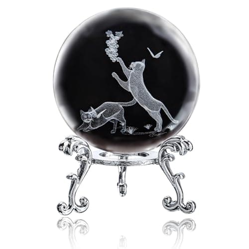 ZEERSHEE 60mm 3D Laser Cat Crystal Ball with Stand Cat Lover Themed Gifts for Women Mothers - Image 1