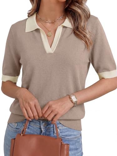 GKBK Short Sleeve Sweater for Women Polo Shirts V Neck Wool Blend Knit Tops Lightweight Sweaters Business Casual Outfits 2026 Summer Fashion Trendy - Image 1