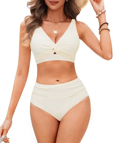 HORISUN Women's High Waisted Bikini Set Twist Front Two Piece Swimsuit with Adjustable Straps & Tummy Control Bathing Suit Beige XL - Image 1