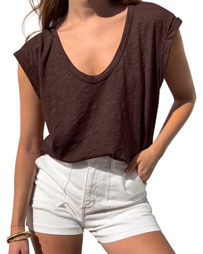 BTFBM Womens Tops Going Out Casual Loose Fit Summer Basic Tees 2026 V Neck T Shirts Trendy Blouse(Coffee,XX-Large) - Image 1