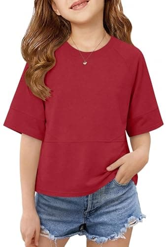 Humordream Girls T Shirts Half Sleeve Crew Neck Loose Fit Solid Summer Flowy Tee Tops 5-14Y Red - Image 1