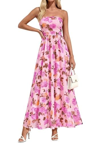 PRETTYGARDEN Women Strapless Maxi Dress 2026 Summer Floral Tube Top Ruched Beach Spring Wedding Guest Long Dresses (Floral Apricot Pink,Medium) - Image 1