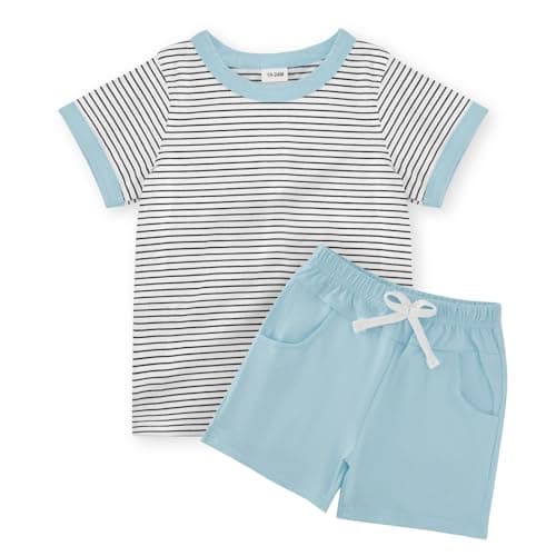 JiuBreeze Toddler Baby Boy Summer Outfit Striped Short Sleeve T-Shirt Shorts Set 2-Piece Boys Outfits Clothing Sizes 18M-5T (Blue, 3-4T) - Image 1