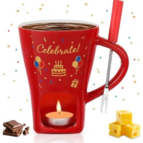 HANEVEAR Chocolate Fondue Mug, Mini Personal Chocolate Melting Mug with 2 Forks and 2 Tealights, Ceramic Fondue Cup for Cheese, Butter - Birthday Gift, Date Night & Wedding Celebrations (Red) - Image 1