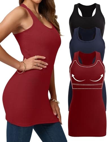Missclub 3 Pack Shelf Bra Tank Tops for Women Long Racer Back Workout Tank Tops Woman Solid Ribbed Shirts Navy Blue L - Image 1