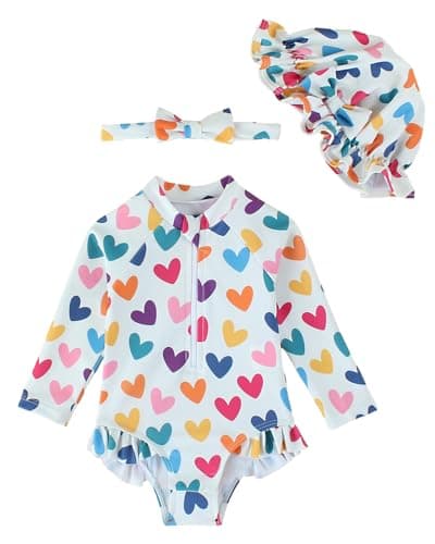 DivingBirds Baby Girls Long Sleeve Swimsuit with Hat, Toddler Girls Bathing Suit with Snap and Zipper Heart Print for 2-3 Years - Image 1