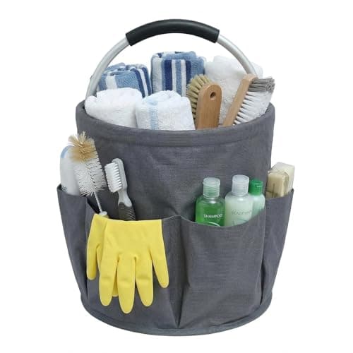 MGUOXA Cleaning Bucket, Cleaning caddy with Handle,17L Foldable Storage Basket 600D Oxford Fabric, 6 Pockets Portable Multi-Use Organiser for Home, Garden, Camping,Grey - Image 1