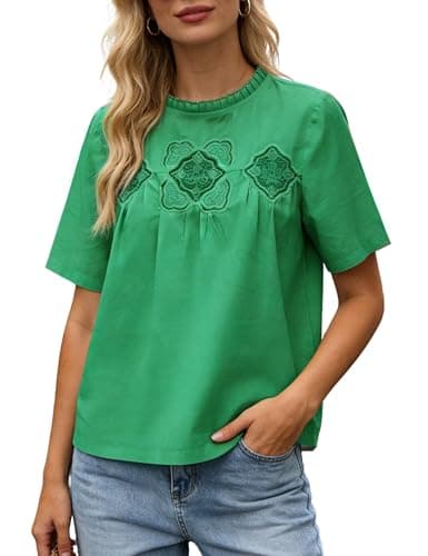 Wefebi Women's Casual Short Sleeve Babydoll Top Lace Patchwork Blouse Cropped Tshirts(Green-XS) - Image 1