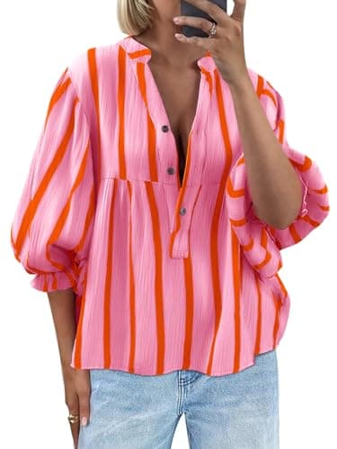 Tankaneo Womens Puff Sleeve Babydoll Tops Summer V Neck Striped Blouse Cute Casual Loose Fit Flowy Shirts Pink - Image 1