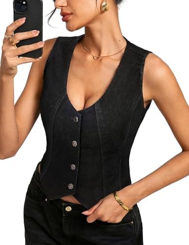 Kate Kasin Women's Denim Vest, Sleeveless Stretch Button Down Jean Vest for Women, Casual Summer Country Concert Outfit(Black,S - Image 1