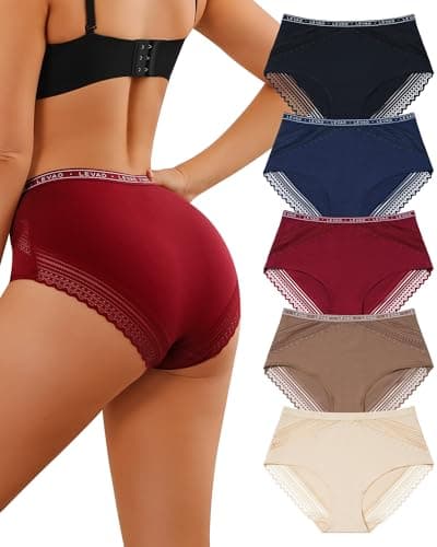 LEVAO Women’s Cotton Underwear High Waisted Full Coverage Briefs, Soft Breathable Lace Trim Brief Hipster Panties 5 Pack (S–XXL) - Image 1