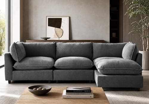 Iroomy Modular Sectional Sofa, Oversized Chenille Cloud Couch, Deep Comfy Seat, 4-Seater Sofas Couches for Living Room, Dark Grey, High Feet