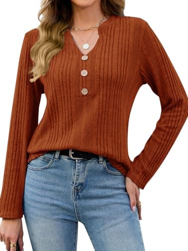 VUTRU Women's Long Sleeve Blouses Tunic Top Henley Shirt V Neck Pullover Sweater Casual Comfy Fall Clothes, Caramel S - Image 1