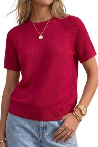 Arach&Cloz Women's 100% Cotton Crew Neck Outfits Summer Red Raglan Short Sleeve Business Casual Teacher Work Tops Pullover Sweaters 2026 Burgundy XXL - Image 1