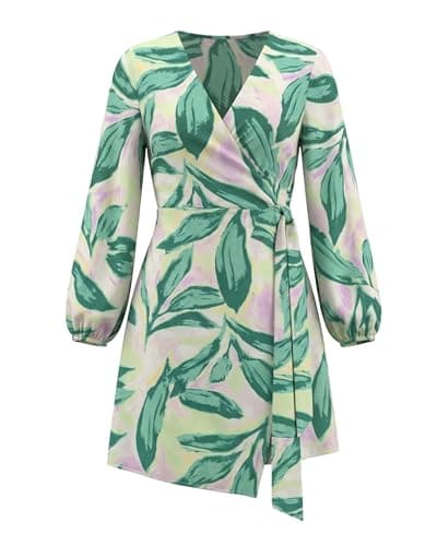 Women's 2026 Casual Puff Balloon Long Sleeve Wrap V Neck Asymmetrical Irregular High Low Hem Beige and Green Floral Leaf Print Tie Elastic Waist Vocation Cocktail Dating Semi Formal Elegant Dresses - Image 1