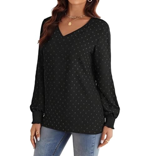 GAMISS Long Sleeve Top for Women Swiss Dot Shirt V Neck Knit Blouse Basic Shirt Black, S - Image 1