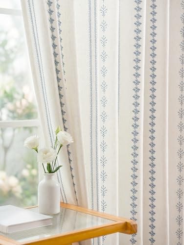 THREE GIRLS Pinch Pleated Navy Blue Floral Block Print Curtains 96 Inches Long, Vintage Boho Linen Blend Drapes for Bedroom Living Room, 2 Panels Set - Image 1