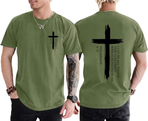 Christian Shirts for Men Faith Over Fear Jesus Cross Religious Sayings Tshirt Vintage Bible Verse Inspirational Tee Tops Green - Image 1