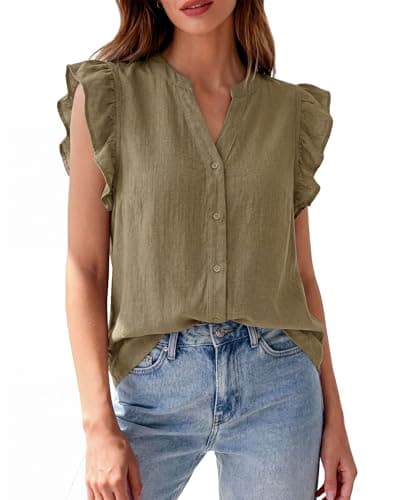 Zenlonr Women's Ruffle Short Sleeve Summer Tops 2026 V Neck Button Down Shirt Solid Color Going Out Tops Army Green - Image 1