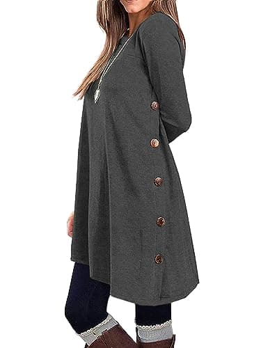 KORSIS Dresses for Women Dark Grey Medium Long Sleeve Round Neck Casual Button Side T Shirts Loose Fitting Girls Sweater Fall Winter Tunic Top With Jeans - Image 1