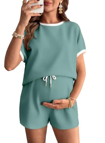 BLENCOT Womens Plus Size Pajamas Short Sleeve Tops and Shorts Set Casual Summer Outfits Maternity Clothes with Pockets Sage Green XX-Large - Image 1