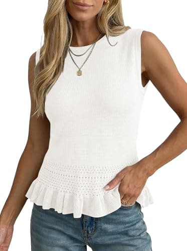 LaGracia Crop Tops for Women Sleeveless Crochet Tank Tops Peplum Lightweight Cropped Sweaters Vest Summer Beach Vacation Outfits White L - Image 1