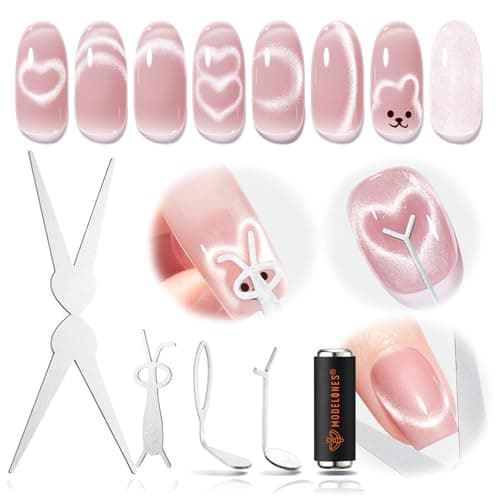 modelones French Cat Eye Magnet Set, Scissor-Shaped Nail Magnet Tool, 2 IN One Cateye Nail Magnet for French Effect, Hole&Bunny-Shaped&Heart Magnet for Cat Eye Gel Polish DIY Easter's Nail Salon