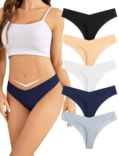 voenxe Seamless Women Underwear Thong,Low Rise No Show Ladies Panties,V Waist Cut No Line Workout Brief Comfortable 5-Pack Basic - Image 1