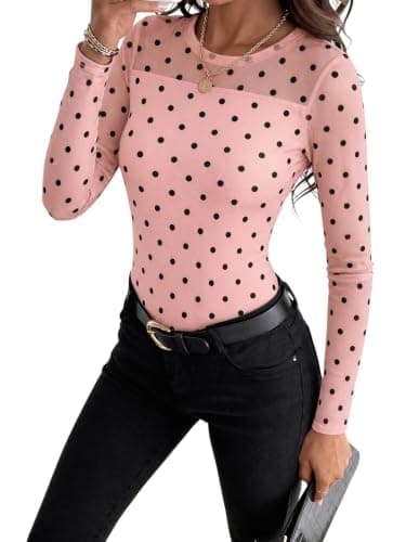 Tankaneo Womens Long Sleeve Mesh Tops Y2K Polka Dot Slim Fit Going Out Tees - Image 1