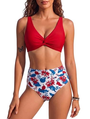 HORISUN High Waisted Tummy Control Bikini Set Twist Front V Neck Ruched Tie Back 2 Piece Swimsuit Adjustable Straps Burgundy Floral XXL - Image 1