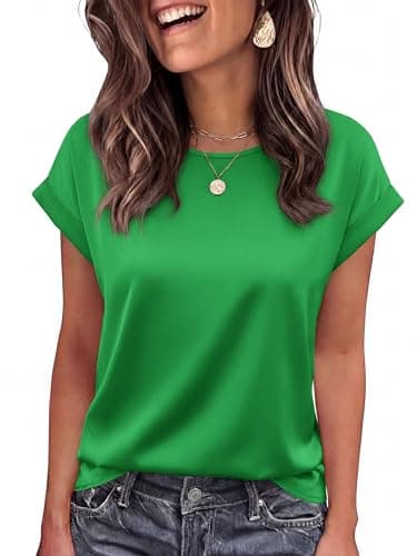 BTFBM Summer Tops for Women 2026 Dressy Satin Blouses Loose Crew Neck Short Sleeve Shirts Work Business Casual Outfits(Grass Green, Small) - Image 1