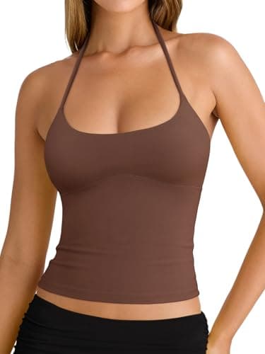 REORIA Women's Sexy Halter Open Back Double Lined Cami Shirt Going Out Y2k Casual Sleeveless Slim Fitted Crop Tops for Women Beach Vacation Coffee XX-Large - Image 1