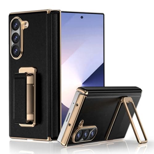 HelloDeere for Samsung Galaxy Z Fold 6 Case with Hinge Protection, Kickstand, Luxury Leather Texture, Lightweight & Drop Resistant Protective Back Cover Phone Case, (Black)