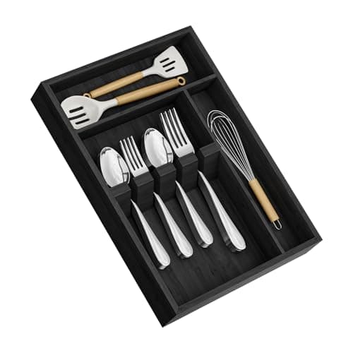 Yofidra Bamboo Silverware Organizer, 13.8 x 9.84 x 1.96 Inches Kitchen Utensil Drawer Organizer, Silverware Tray for Drawer with Fixed Slots for Spoons, Forks & Knives, Natural (Black) - Image 1