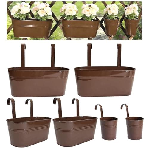 Joyfernal Set of 6 Balcony Hanging Planters, 2 Pcs 17" Metal Railing Flower Pots & 2 Pcs 12" Deck Planter & 2 Pcs 4" Fence Pot for Outdoor Patio Garden Décor, Chocolate - Image 1