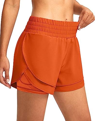 Soothfeel Women's 2 in 1 Running Shorts High Waisted Athletic Shorts Exercise Gym Workout Shorts for Women with Pockets Orange - Image 1