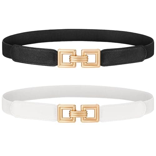 XZQTIVE 2 Pack Women Skinny Stretchy Cinch Belt for Dresses, Thin Elastic Belt Ladies Waist Belt with Retro Gold Buckle(Black+White) Fit Waist Size 26"-31" - Image 1