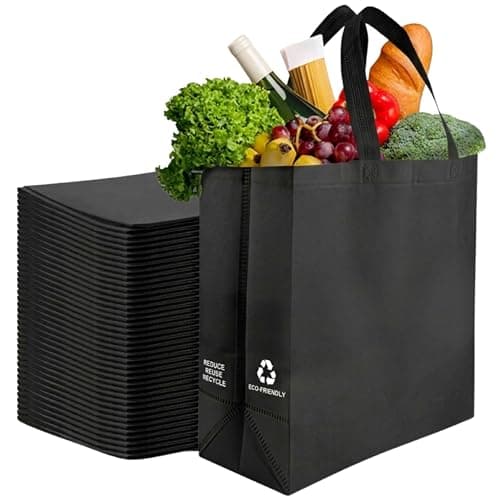 Simply Cool 200 Pack Black Reusable Eco-Friendly Grocery Shopping Bags 12.6"x6.3"x11.8" Durable, Environmentally Friendly Recyclable Shopping Bags Washable, Foldable, Portable Tote Bags Bulk - Image 1