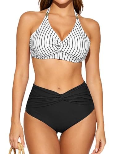 Lallabai Women's High Waisted Tummy Control Bikini Sets V Neck Twist Front Bathing Suit Crisscross Tie Back 2 Piece Swim Suit - Image 1