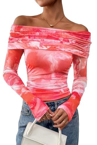 PRETTYGARDEN Womens Tops 2026 Spring Off The Shoulder Long Sleeve Fitted Y2k Shirts Floral Ruched Mesh Going Out Outfits(Orange Watercolour,Medium) - Image 1