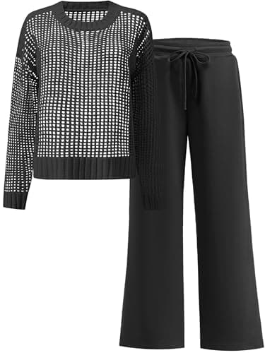 ANRABESS Womens 2 Piece Outfits Crochet Sheer Knit Sweater Top Wide Leg Pants Lounge Set Sweatsuit 2026 Fall Travel Clothes Black Large - Image 1