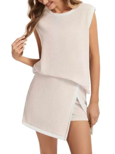 itnpbwus Short Sets for Women Ribbed Tank Top Matching Split Lined Skirt Lounge Outfits Khaki XS - Image 1