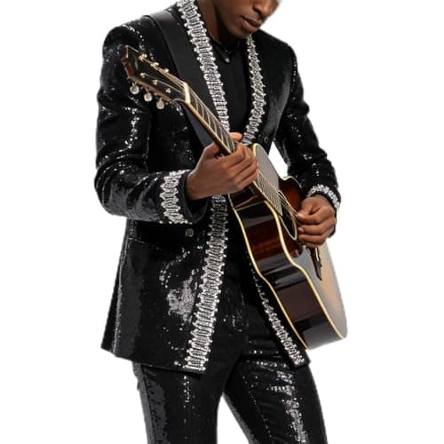 Men's Sequined Blazer, Black with Silver Trim, Performance Stage Jacket for Wedding Banquet (US, Alpha, X-Large, Regular, Regular, Black) - Image 1