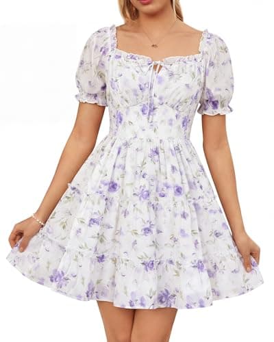 Scarlet Darkness Floral Corset Mini Dress Women Teen Summer Off Shoulder Dress Graduation Cute Sundress with Pockets White Purple M - Image 1