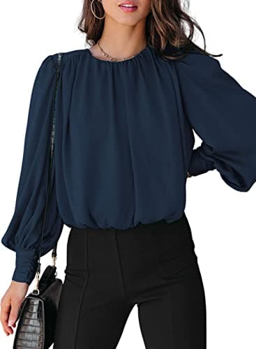 Dokotoo Womens Ladies Spring Long Sleeve Tunic Tops and Blouses for Women 2026 Summer Crewneck Padded Shoulder Casual Loose Fitting Trendy Dressy Work Shirts Blue X-Large - Image 1