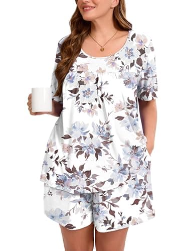 AusLook Women's Plus Size Pajama Sets Short Sleeve Top and Shorts Peony 2X Casual Comfy Soft Ladies Short Pajamas Set Loungwear Sleepwear Pjs Set 2 Piece Lounge Set with Pockets