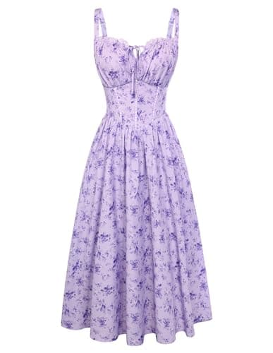 Scarlet Darkness Women 2026 Floral Corset Dress Summer Milkmaid Sundress Wedding Guest Dresses with Pockets Purple Floral L - Image 1