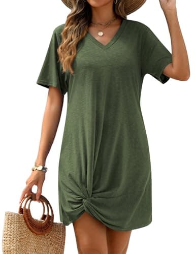 AI'MAGE Women's Bathing Suit Cover Up Short Sleeve Swimsuit Coverup V Neck Bikini Beachwear Twisted Mini Dress(Army Green, Large) - Image 1